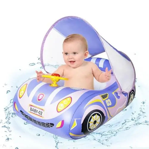 Produktbild: Baby Schwimmring mit Sonnendach Ninonly UPF50+ Schwimmring ab 1 Jahr mit Steuerrad Baby Schwimmreifen 6 Monate Für Babys, Kleinkinder ab 1-4 Jahr Violett
