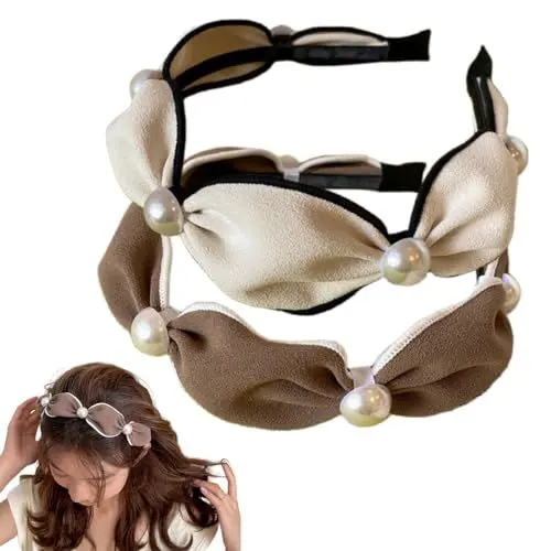 Produktbild: scicent Haarschmuck Hochzeit 2 Stück Stirnbänder für Damen Weiß Perle Headeband Rutschfest Modisch Haarreif Süßes Haarband für Damenhaare Breiter Haarreifen (Weiß+Hellekaffee) - 23424