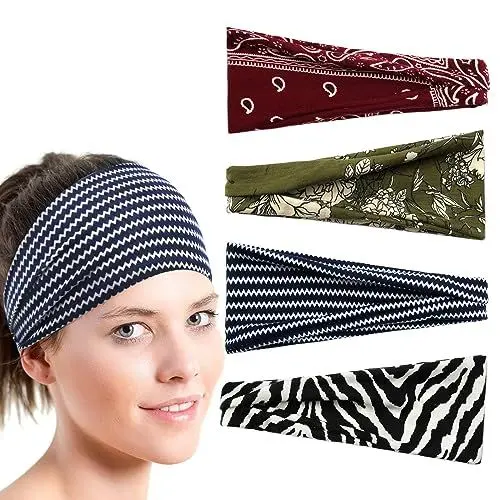 Produktbild: scicent Stirnbänder Damen 4 Stück Haarbänder Weiches Stirnband Damen Sommer Breites Kopfband Elastisches Haarband Mehrfarbig Blumendruck für Lauf Yoga Fitness - 13211