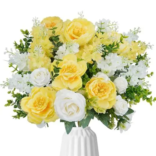 Produktbild: SCLLNDA 5PCS Pfingstrose Künstliche Blumen Gelb Rose Kunstblumen Unechte Blumen Deko Blumensträuße für Party Hochzeit Tischaufsätze Blumenarrangement Küche Deko