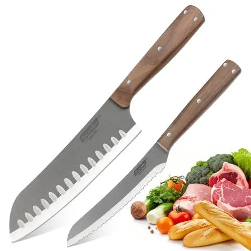 Produktbild: SCOLE® Messerset, Küchenmesser Set 2-tlg, Ultra Scharfes Kochmesser set, Santoku-Messer und Allzweckmesser mit wellenschliff Holzgriff Fleisch, Brot, Obst, Gemüse