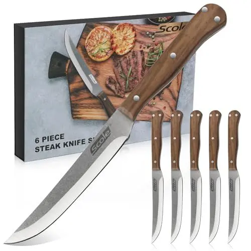 Produktbild: SCOLE® Steakmesser Set 6-teilig, Küchen Steakbesteck Messer set, Scharfe Pizzamesser und Ergonomischem Griff Steak Messer, mit Premium-Geschenkbox