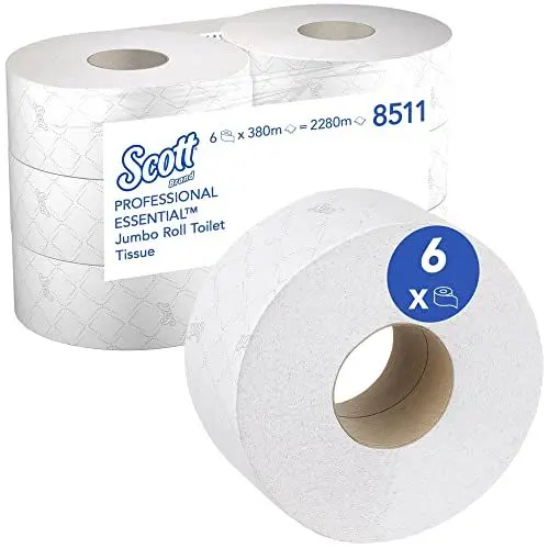 Produktbild: Scott Essential Toilettenpapier, Jumbo Toilettenpapierrolle, 2-lagig, 6 Rollen x 380 m, Weiß, 8511