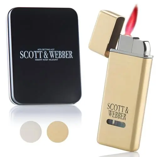 Produktbild: Scott & Webber® - Sturmfeuerzeug mit Jetflamme - Nachfüllbares Feuerzeug aus Metall einstellbar bis 1300°C - Inkl. edler Metallbox (Gold Master)