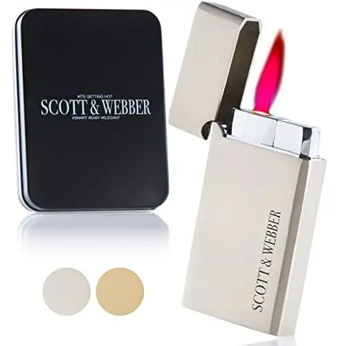 Produktbild: Scott & Webber® - Sturmfeuerzeug mit Jetflamme - Nachfüllbares Feuerzeug aus Metall einstellbar bis 1300°C - Inkl. edler Metallbox (Silber Square)