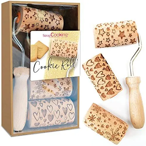 Produktbild: ScrapCook Cookie Roll Set mit 3 Mini-Rollen zum Backen aus Holz mit Motiven – Dekos mit Relief – Backform Dekoration Kekse, Sandgestrahlt, Cookies - 3963, Beige