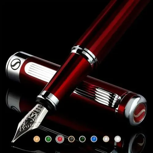 Produktbild: Scriveiner Deep Crimson Red Füllhalter Chromapplikationen, Schmidt-Feder (mittel), bestes Geschenk für Damen und Herren, Manager, Führungskräfte (Purpurrot)