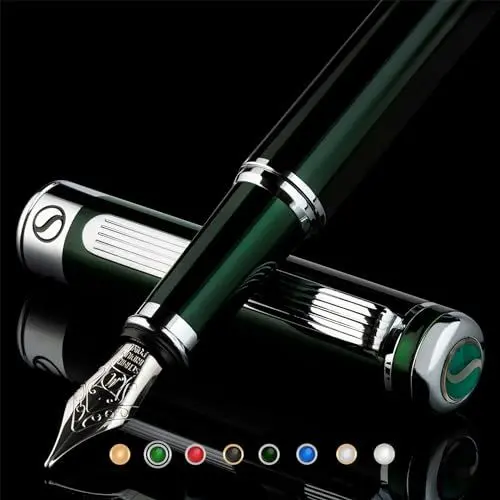 Produktbild: Scriveiner Füller Grün - britisches Renngrün, toller Luxus Füllfederhalter, Chromausführung, medium Schmidtfeder, bestes Schreib-Geschenkset für Mann & Frau, Profi, Chef, Büro, Schreibgeräte Green