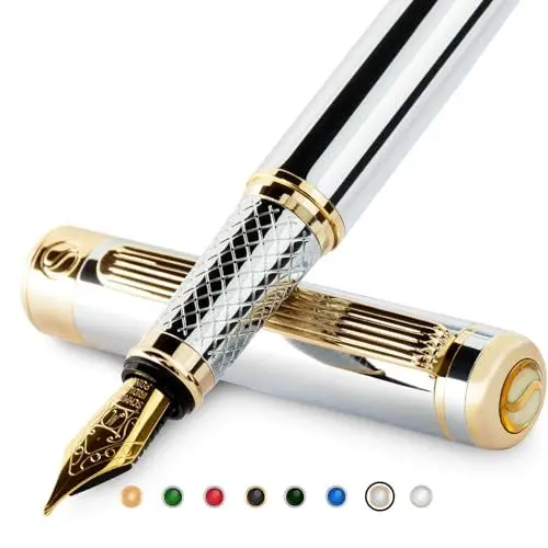 Produktbild: Scriveiner Silber Füllfederhalter Füller Edel mit Echtgold-Finish, Schmidt vergoldete Feder (mittel), Bestes Geschenk für Herren und Damen, Manager, Führungskräfte (Silber Chrom)
