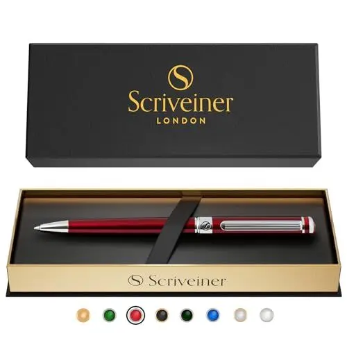 Produktbild: Scriveiner Kugelschreiber Deep Crimson Red - Hochwertiger Design Kugelschreiber in Purpurrot mit Chromveredelung, schwarze Schmidt Ersatzmine, Geschenkbok, Professionelle Kugelschreiber