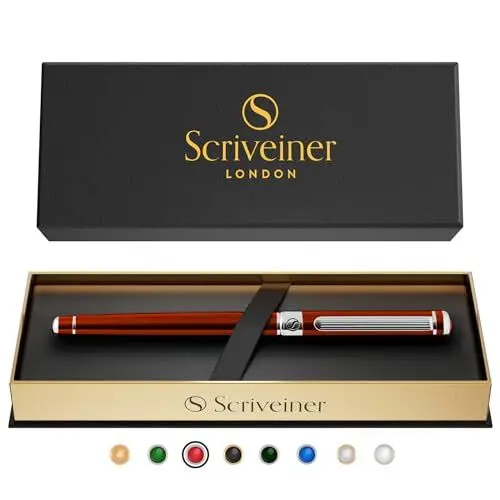 Produktbild: Scriveiner Tintenroller Deep Crimson Red - Hochwertiger Tintenroller mit Chromveredelung, schwarze Schmidt Ersatzmine, Geschenkbox, Büro set, Professionelle (Purpurrot)