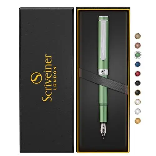 Produktbild: Scriveiner Luxus EDC Füllfederhalter (Fein), Mattgrün Taschenfüller, verchromt, deutsche Schmidt Mine, Konverter, Schreibgeräte-Geschenkset für Mann und Frau, schicker Designerstift fürs Büro