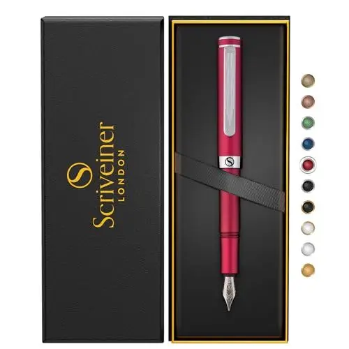 Produktbild: Scriveiner Luxus EDC Füllfederhalter (Mittel), Mattrot Taschenfüller, verchromt, deutsche Schmidt Mine, Konverter, bestes Schreibgeräte-Geschenkset für Mann und Frau, Designerstift fürs Büro
