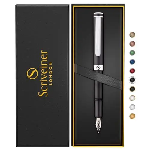 Produktbild: Scriveiner Luxus EDC Füllfederhalter (Mittel), Taschenfüller mattschwarz, verchromt, deutsche Schmidt Mine, Konverter, Schreibgeräte-Geschenkset für Mann und Frau, Designerstift fürs Büro
