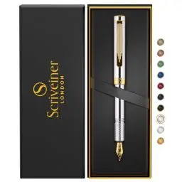 Produktbild: Scriveiner Luxus EDC Füllfederhalter (mittel), schwerer Taschenfüller mit Echtvergoldung, Schmidt Feder vergoldet, Konverter, Schreibgeräte-Geschenkset für Mann & Frau, toller Büro Designer Stift
