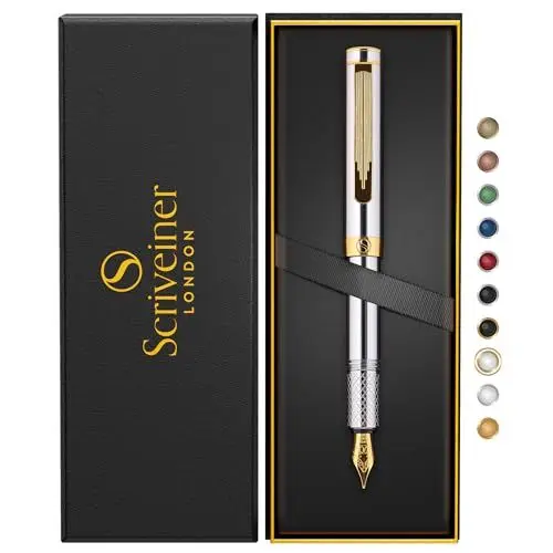 Produktbild: Scriveiner Luxus EDC Füllfederhalter (mittel), schwerer Taschenfüller mit Echtvergoldung, Schmidt Feder vergoldet, Konverter, Schreibgeräte-Geschenkset für Mann & Frau, toller Büro Designer Stift