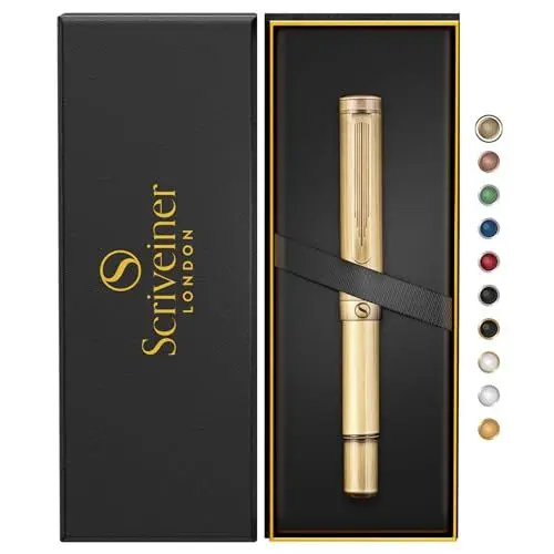 Produktbild: Scriveiner Messing EDC Luxus Tintenkugelschreiber, schwerer Taschenstift, Handgebürstetes Finish, Cooles Schreibgeschenk für Mann Frau, Deutsche Schmidt Mine, Ausgefallenes Büro Designer Schreibset