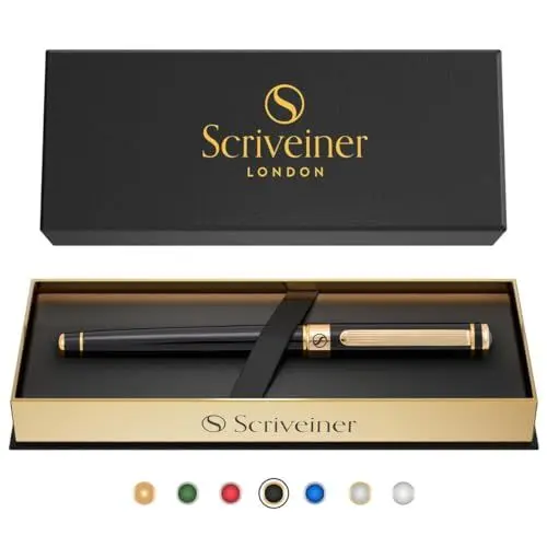 Produktbild: Scriveiner Tintenroller Hochwertiger Tintenroller mit Echtvergoldung, schwarze Schmidt Ersatzmine, Geschenkbox, Büro set, Schöne Professionelle Kugelschreiber (Schwarz) Luxury Pen