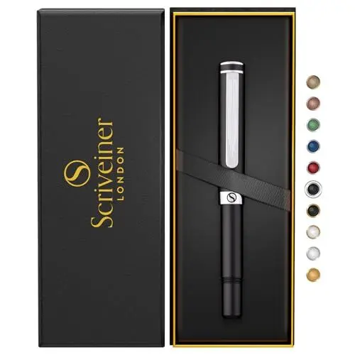 Produktbild: Scriveiner Schwarzer Kugelschreiber EDC Luxus Stift, Taschenkugelschreiber mit Chrom, Schönes Geschenk für Mann & Frau, Deutsche Schmidt Mine, Ausgefallenes Büro Designer Schreibset
