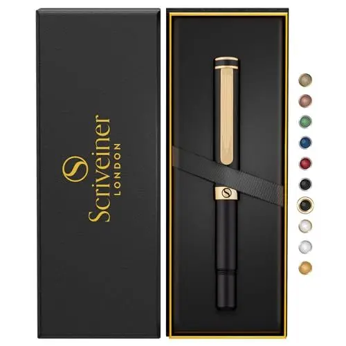 Produktbild: Scriveiner Schwarzer Kugelschreiber EDC Luxus Stift, toller Taschenfüller mit Echtvergoldung, Cooler Schreibstift, Geschenk für Mann Frau, Deutsche Schmidt Mine, Ausgefallenes Büro Designer Schreibset
