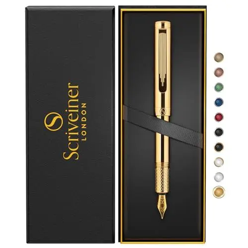Produktbild: Scriveiner vergoldeter Füllfederhalter (mittel), preisgekrönter Luxus-Stift, schwerer Taschenstift mit Echtvergoldung, Schmidt-Feder, bestes EDC-Schreibstift-Geschenkset für Männer und Frauen