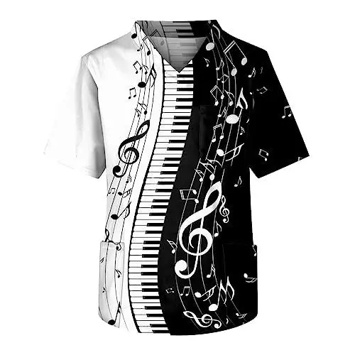 Produktbild: Scrub Tops Herrnen Overzised Bluse Polyester Bedrucken Gemütlich Coole Lustige Mit Tasche Blusentops Herren Sommer Worker Kurzarm V Ausschnitt Weiß