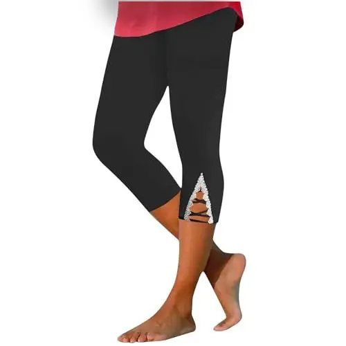 Produktbild: Scrunch Leggings 7/8 Leggings Damen Jogger Damen Yoga Leggings Damen Lang Glanz Leggings Yoga Hose Damen Baumwolle Leggings mit Rock 3/4 Leggings Damen Sommer Yoga Hose 3/4 Schwarz L