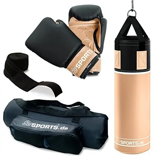 Produktbild: ScSPORTS® Boxsack - Set, 5.5/12kg, Gefüllt, mit Boxhandschuhen, Bandagen, Nylongurt, Tasche, PVC - Sandsack, Boxset, Boxsack-Set für Zuhause, Erwachsene, Boxing, Kickboxen, Boxen, MMA (12 kg)