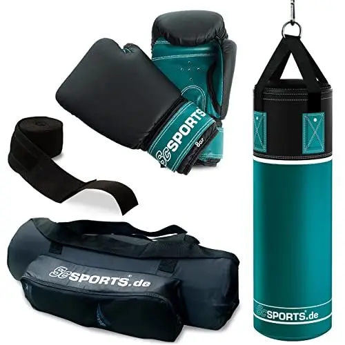 Produktbild: ScSPORTS® Boxsack - Set, 5.5/12kg, Gefüllt, mit Boxhandschuhen, Bandagen, Nylongurt, Tasche, PVC - Sandsack, Boxset, Boxsack-Set für Zuhause, Erwachsene, Boxing, Kickboxen, Boxen, MMA (5.5 kg)