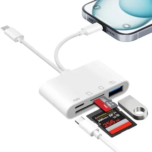 Produktbild: SD Kartenleser für iPhone iPad,SD Card Reader für iPhone/iPad/Kamera,SD Kartenleser USB C gleichzeitiges Laden,Kartenlesegerät mit Micro SD/SD/USB OTG Adapter,SD Kartenleser iPhone,Speicherkartenleser
