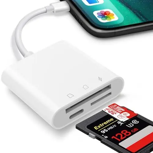 Produktbild: SD Kartenleser iPhone,SD Kartenleser für iPhone iPad,SD Card Reader iPhone 2 in 1 mit Dual Slot für Micro SD/SD,Speicherkarte Kamera gleichzeitiges Laden/Kartenlesen,SD Karte Adapter,Kartenlesegerät