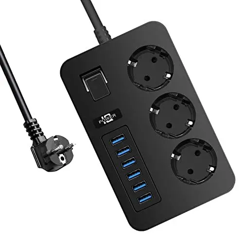 Produktbild: SDKDZKG Steckdosenleiste 3-Fach, Mehrfachsteckdosen mit Steuerschalter (13A/3000W), Steckdosen mit 6 USB-Ladeanschluss (3,1 A/5V), Steckdosenadapter 1.8M Kabel, für Büro Hause Reisen (Schwarz)