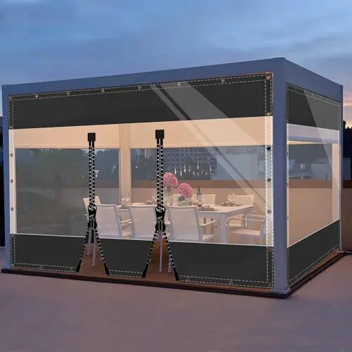 Produktbild: SDLLG Outdoorvorhänge mit Ösen Transparente PVC Gewebeplane Gartenplane durchsichtig Plane Verdickenplane 0.5mm für Terrassen Garten Balkon Draussen 2x2m(HxL) Schwarz mit 2 Reißverschlüsse
