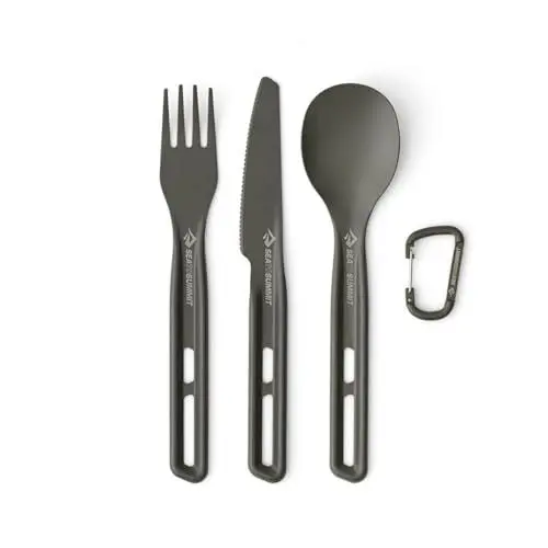 Produktbild: SEA TO SUMMIT - Frontier Ultraleichtes Besteckset - 1 Person, 3-teilig - Camping-Gabel, Löffel & Messer + Karabiner - Leicht - Campinggeschirr aus harteloxiertem Aluminium - Glatt & Mattiert - 26 g