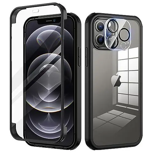 Produktbild: seacosmo Kompatibel für iPhone 12 Pro Hülle mit eingebautem Panzerglas Displayschutz und Kamera Schutzfolie (9H HD), 360 Grad Case Ganzkörper Stoßfeste Handyhülle iPhone 12 Pro - Schwarz