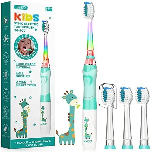 Produktbild: Seago Elektrische Zahnbürste Kinder ab 3-12 jahre Kinderzahnbürsten mit Farbigem Licht Smart Timer 4 Weich Bürstenköpfes Wasserdicht Baby Schallzahnbürste für Mädchen Jungen SG-977 (Grün)