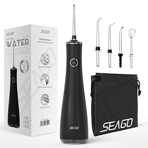 Produktbild: Munddusche Kabellos Zahndusche Elektrischer, Seago Reise Munddusche 3 Modi & 5 Düsen Wiederaufladbare Wasser Flosser IPX7 Wasserdicht Zahnreiniger Water Flosser, Speicherfunktion, SG-8001(Schwarz)