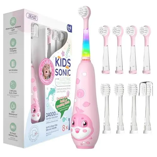 Produktbild: Seago Elektrische Zahnbürste Kinder 0-6 Jahre mit buntem LED Licht, Smart Timer, wiederaufladbare Baby Zahnbürste mit 8 weiche Ersatzbürstenköpfen, IPX7 Wasserdicht, SG2139 (Blau)