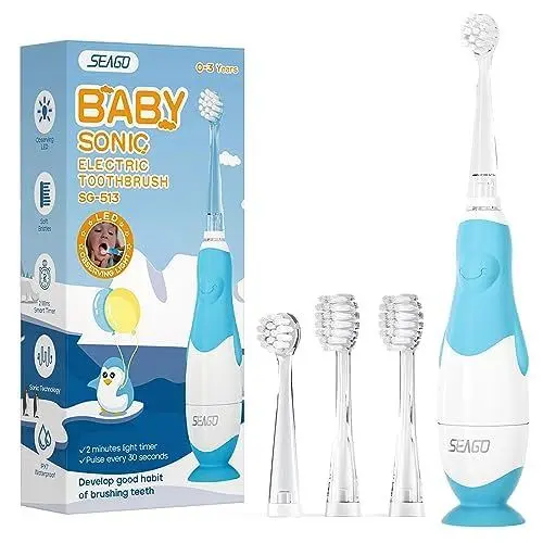 Produktbild: Seago Elektrische Zahnbürste Kinder 0 - 3 Jahren, Schallzahnbürste mit LED Licht Aufsteckbürste Smart Timer Wasserdicht IPX7,SG513 (Baby Blue)