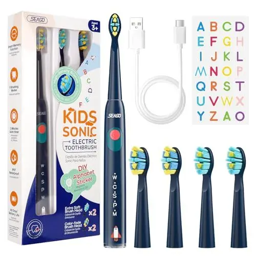 Produktbild: Seago Elektrische Zahnbürste Kinder ab 6, Kinderzahnbürste mit Smart Timer, 4 Weiche Ersatzbürstenköpfe, USB Wiederaufladbar, 5 Putzmodi, IPX7 Wasserdicht, 2 Buchstaben Aufkleber, SG-2303(Blau)