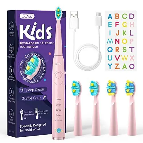 Produktbild: Seago Elektrische Zahnbürste Kinder ab 6, Kinderzahnbürste mit Smart Timer, 4 Weiche Ersatzbürstenköpfe, USB Wiederaufladbar, 5 Putzmodi, IPX7 Wasserdicht, 2 Buchstaben Aufkleber, SG-2303(Rosa)
