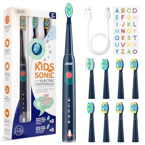 Produktbild: Seago elektrische Zahnbürste Kinder mit extra weiche Borsten und 5 persönliche Modi, 8 Ersatzköpfe, Smart Timer, wiederaufladbare Zahnbürste Kinder SG-2303(Blau)