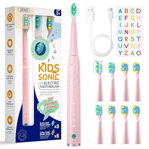 Produktbild: Seago elektrische Zahnbürste Kinder mit extra weiche Borsten und 5 persönliche Modi, 8 Ersatzköpfe, Smart Timer, wiederaufladbare Zahnbürste Kinder (Rosa)