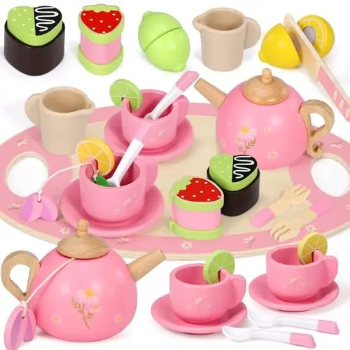 Produktbild: Seagoal Teeservice Kinder Holz, Tee Set Spielküche Rollenspiele Zubehör, Teeparty Küchenzubehör Kinder Holzspielzeug, Kindergeschirr Spielküche Geschenke für Mädchen Jungen