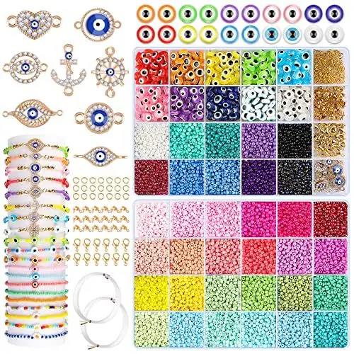 Produktbild: SEANTUA Perlen zum Auffädeln Evil Eye - 19999 Glasperle armband set selber machen, Perlen Set für Mädchen Kind Frauen, 34 Farben Samen Perle Kit für Armband Halskette