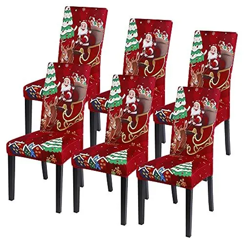 Produktbild: SearchI 4/6 PCS Weihnachtlich Stuhlhussen Stretch Weihnachten Stuhlbezug Universal Festlich Chair Cover Moderne Xmas Stulabdeckung Esszimmer Partys Bankett Beschütze (Weihnachtsschlitten, 6PCS)