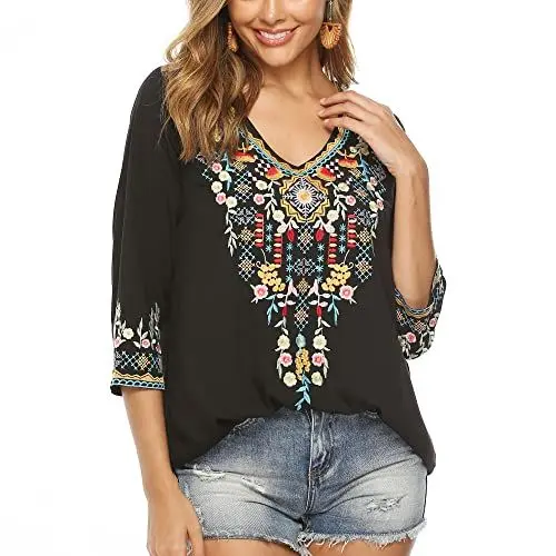 Produktbild: Seasonal Damen Stickerei Bluse Bohemian Herbst Tunika Bestickte Folklore Blusen Hippie Blumenmuster Oberteil 3/4 Arm Lose Tops (X-Large, 054-Schwarz)