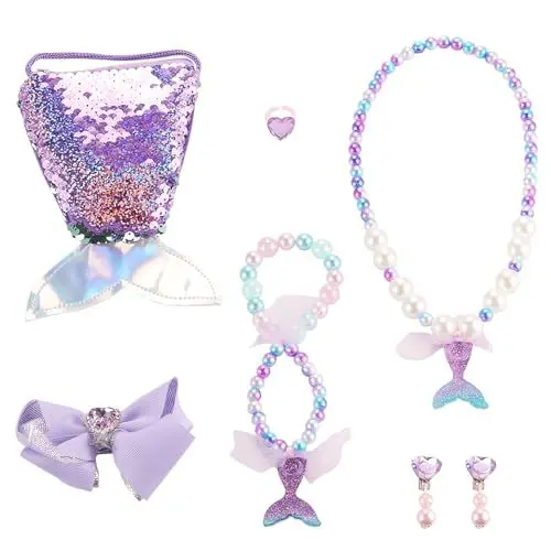Produktbild: Seatecks 7 Stück Neue Kinder Schmuck Kits Halskette Set Nette Cartoon Pailletten Meerjungfrau Handtasche Armband Ring Ohrringe Haarspangen Set Party Gefälligkeiten Geschenk-Lila