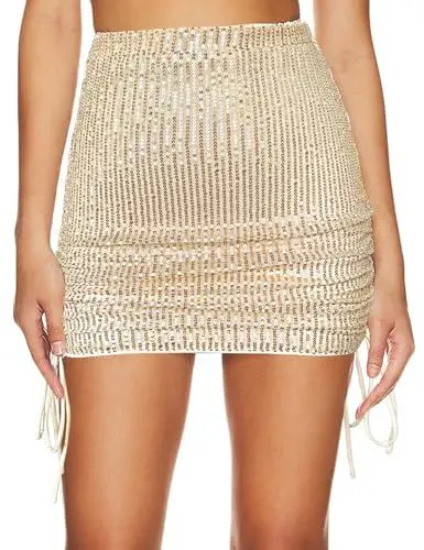 Produktbild: SEBOWEL Damen Pailletten Rock Glitzer Mini Röcke Kurz Festival Party Outfits Rock Beige S