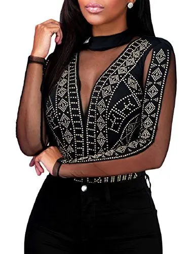 Produktbild: MAYFASEY Damen Strass Mesh Langarmshirts Glitzernde Tops Bluse Clubwear, Schwarz, S